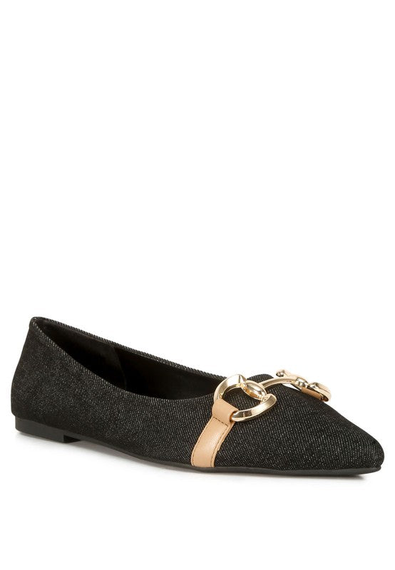 Cressida Gold Horsebit Detail Denim Ballet Flats