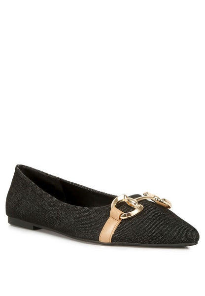 Cressida Gold Horsebit Detail Denim Ballet Flats