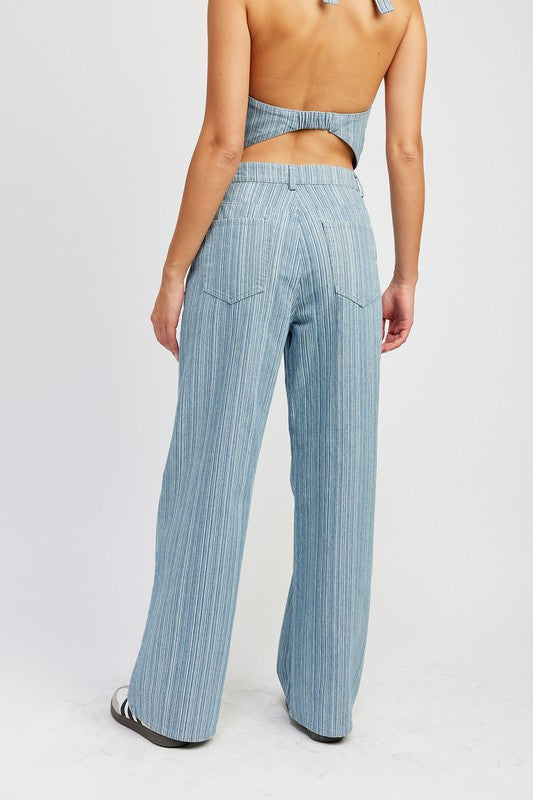Jonie Light Wash Striped Denim Mid Rise Wide Leg Jeans