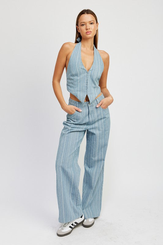 Jonie Light Wash Striped Denim Mid Rise Wide Leg Jeans