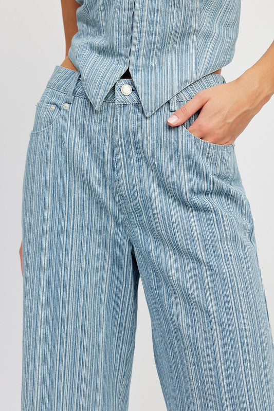 Jonie Light Wash Striped Denim Mid Rise Wide Leg Jeans