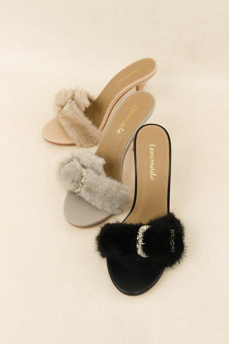 Luna Glam Faux Fur Buckle Detail Slip On High Heel Mules