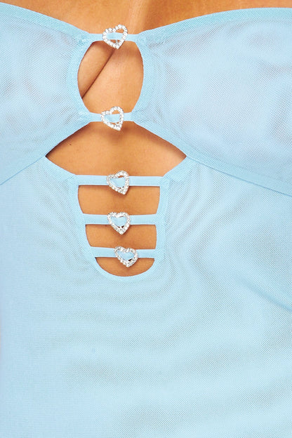 Malibu Rhinestones Cut Out Front Mesh Mini Dress