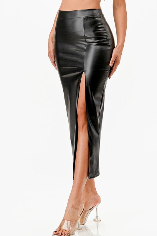Ivy High Waist Split Front faux Leather Midi Skirt