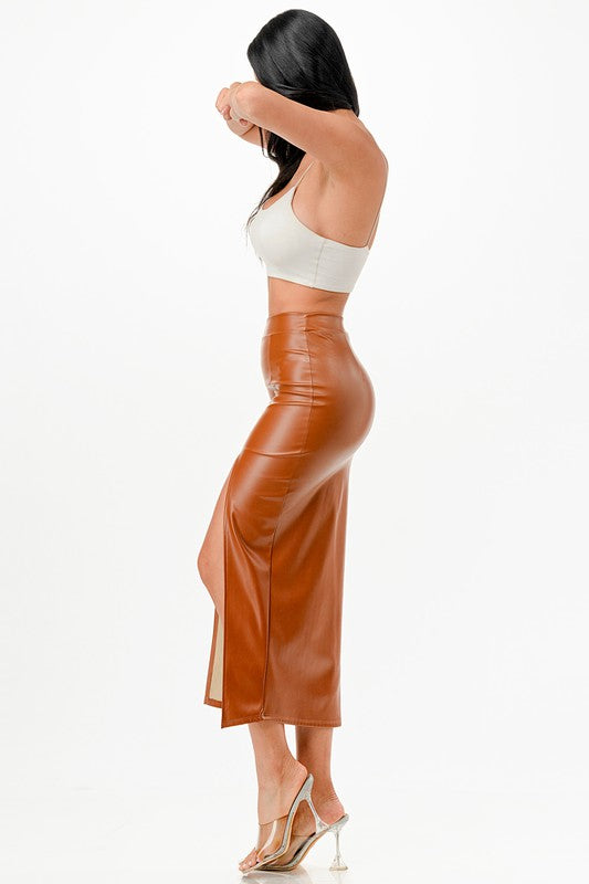 Ivy High Waist Split Front faux Leather Midi Skirt