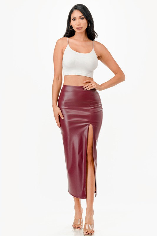 Ivy High Waist Split Front faux Leather Midi Skirt