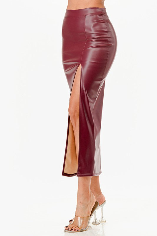 Ivy High Waist Split Front faux Leather Midi Skirt