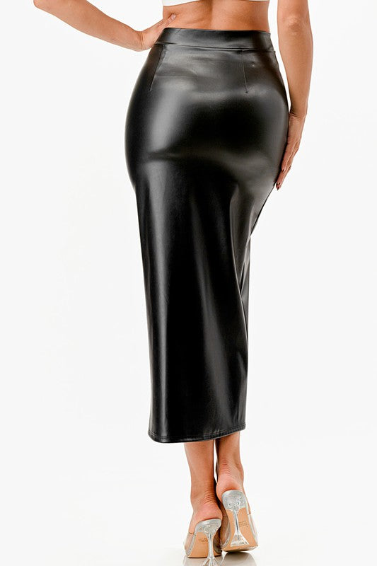 Ivy High Waist Split Front faux Leather Midi Skirt