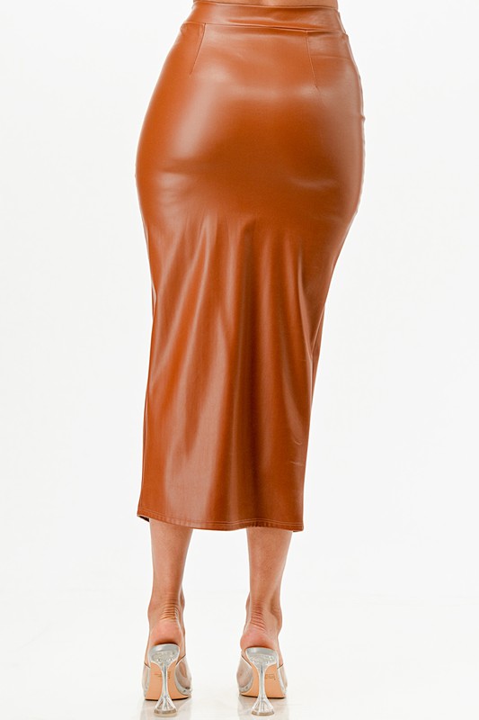Ivy High Waist Split Front faux Leather Midi Skirt