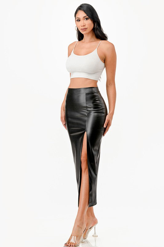 Ivy High Waist Split Front faux Leather Midi Skirt