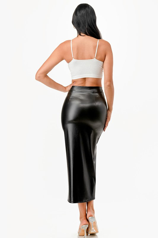 Ivy High Waist Split Front faux Leather Midi Skirt
