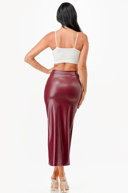 Ivy High Waist Split Front faux Leather Midi Skirt