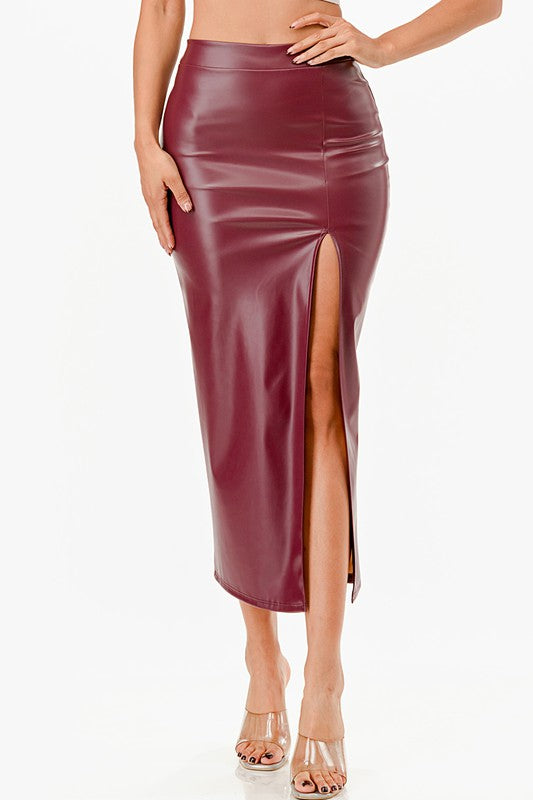 Ivy High Waist Split Front faux Leather Midi Skirt
