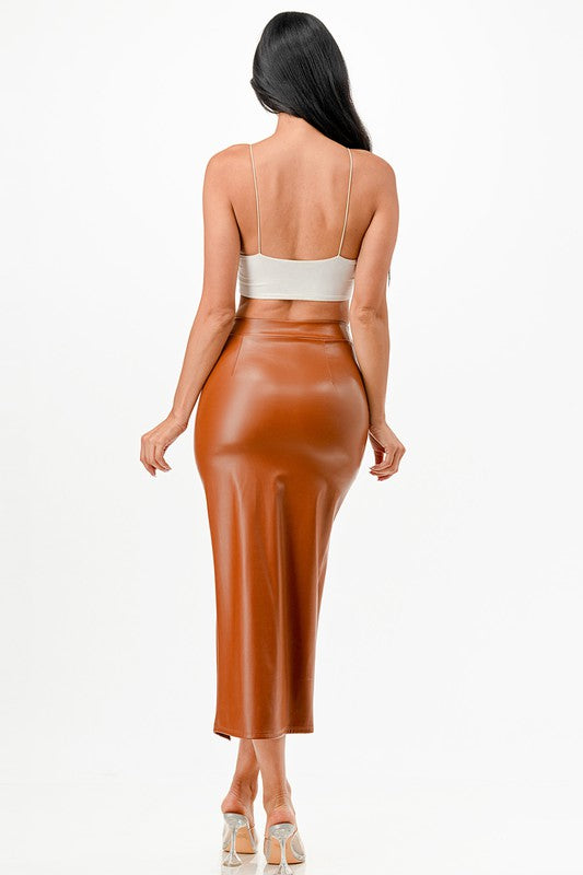 Ivy High Waist Split Front faux Leather Midi Skirt