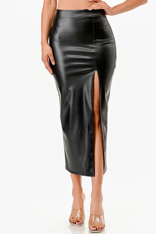 Ivy High Waist Split Front faux Leather Midi Skirt