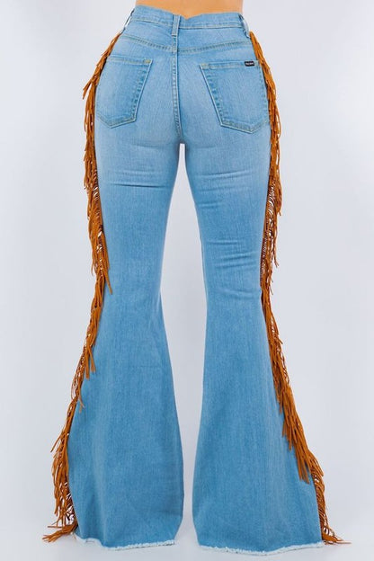 Dolly Side Fringe Raw Hem Light Denim Bell Bottom Jeans