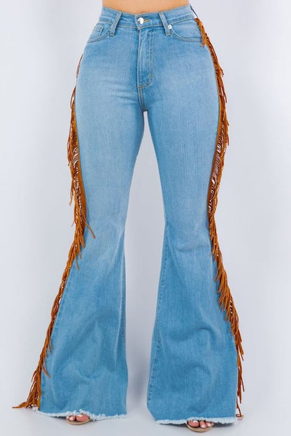 Dolly Side Fringe Raw Hem Light Denim Bell Bottom Jeans