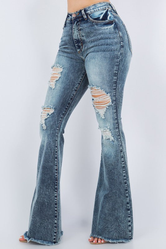 Stormy Acid Wash Distressed Bell Bottom Jeans