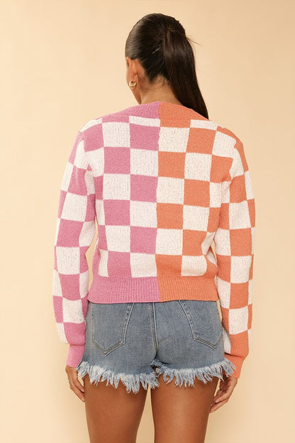 Two Tone Checkered Print Cropped Cardigan