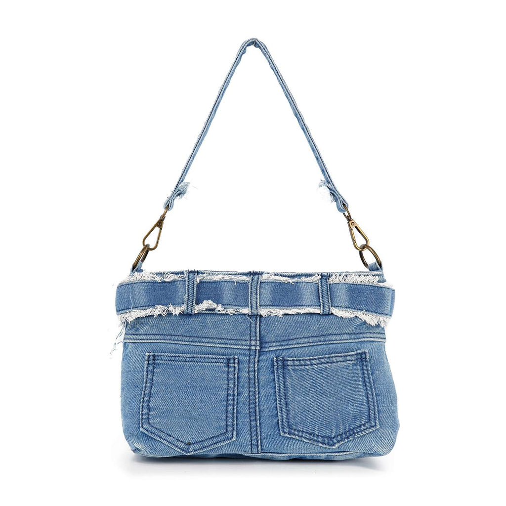 Queens Distressed Denim Crossbody Bag