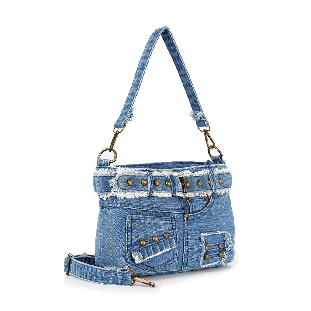 Queens Distressed Denim Crossbody Bag