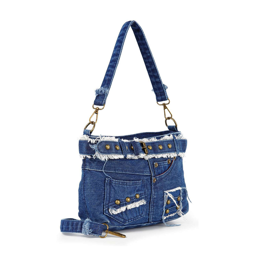 Queens Distressed Denim Crossbody Bag