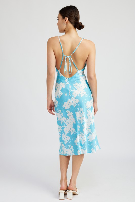 Prisha Deep V Open Back Floral Print Satin Midi Dress