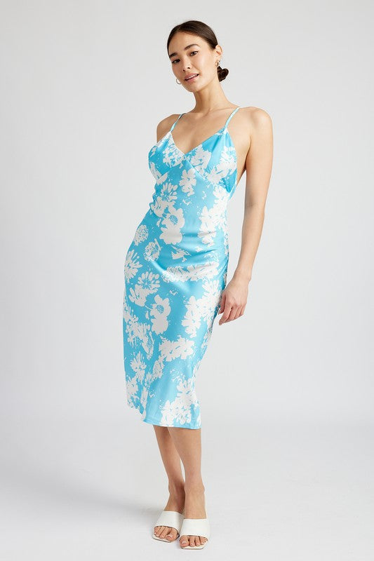 Prisha Deep V Open Back Floral Print Satin Midi Dress