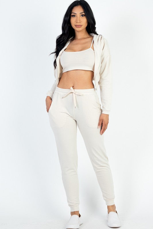 Casual Basics Cropped Jacket, Cami & Joggers 3 Piece Lounge Set