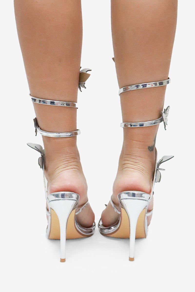 Euphoria Rhinestones Butterfly Detail Ankle Wrap High Heel Sandals