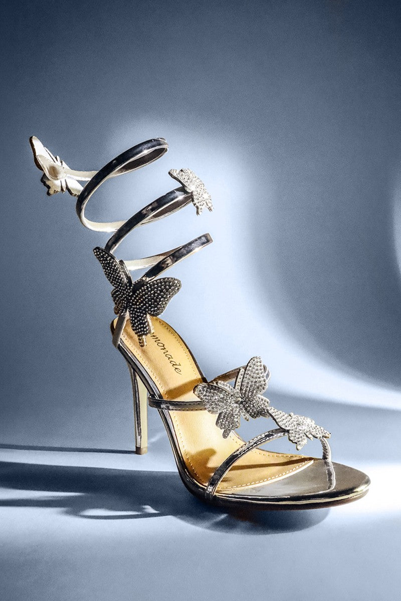 Euphoria Rhinestones Butterfly Detail Ankle Wrap High Heel Sandals