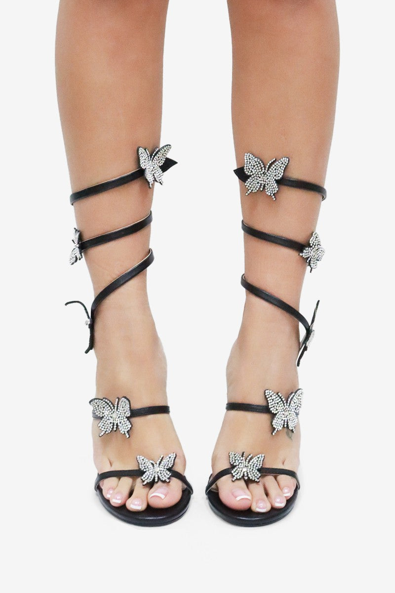 Euphoria Rhinestones Butterfly Detail Ankle Wrap High Heel Sandals