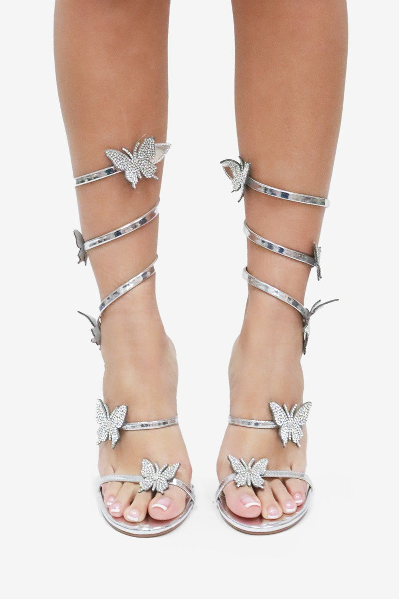 Euphoria Rhinestones Butterfly Detail Ankle Wrap High Heel Sandals