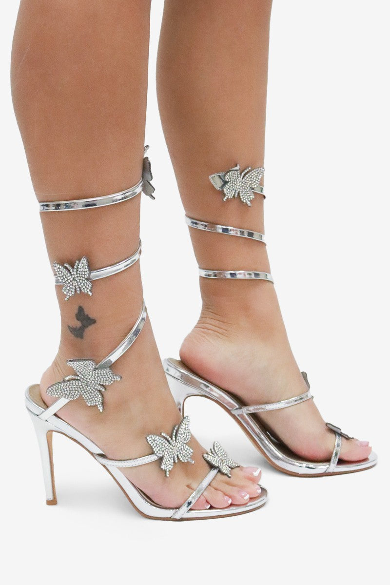 Euphoria Rhinestones Butterfly Detail Ankle Wrap High Heel Sandals
