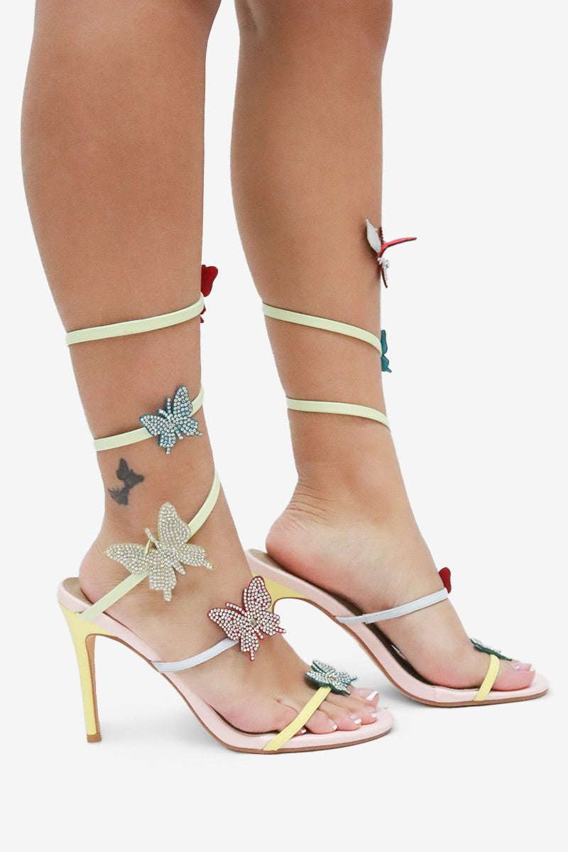 Euphoria Rhinestones Butterfly Detail Ankle Wrap High Heel Sandals