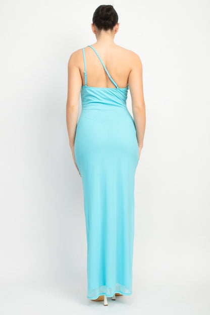 Sky One Shoulder Front Slit Mesh Maxi Dress