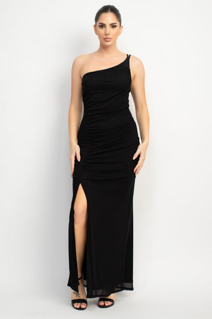 Sky One Shoulder Front Slit Mesh Maxi Dress