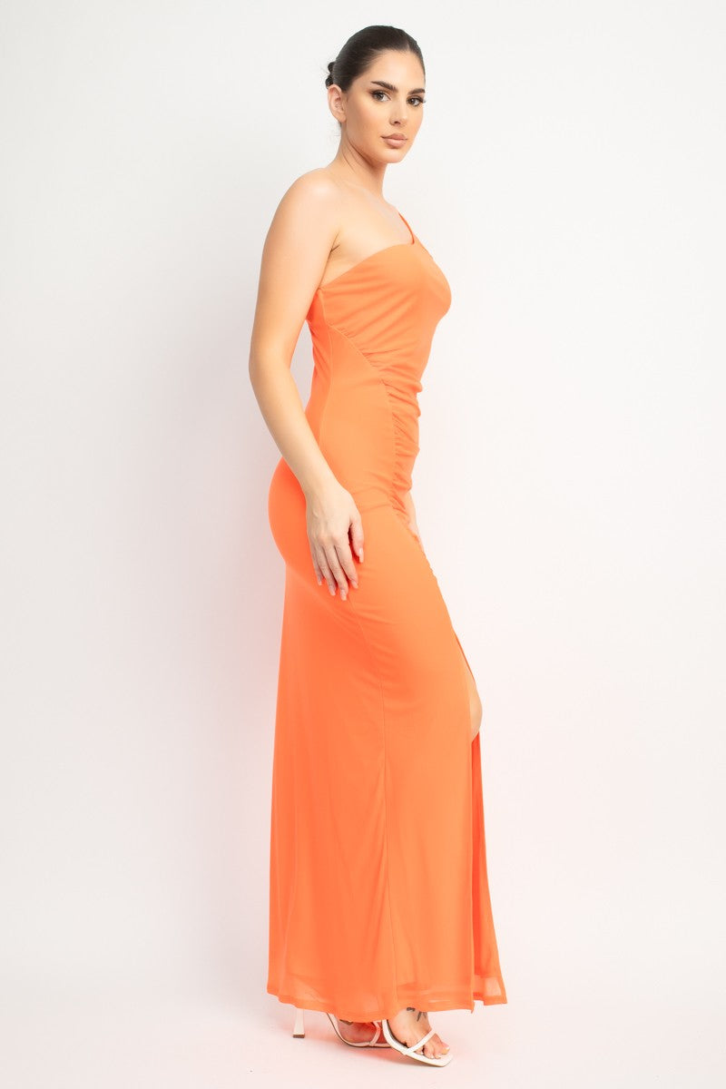 Sky One Shoulder Front Slit Mesh Maxi Dress