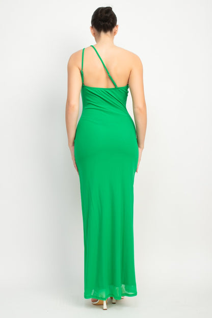 Sky One Shoulder Front Slit Mesh Maxi Dress