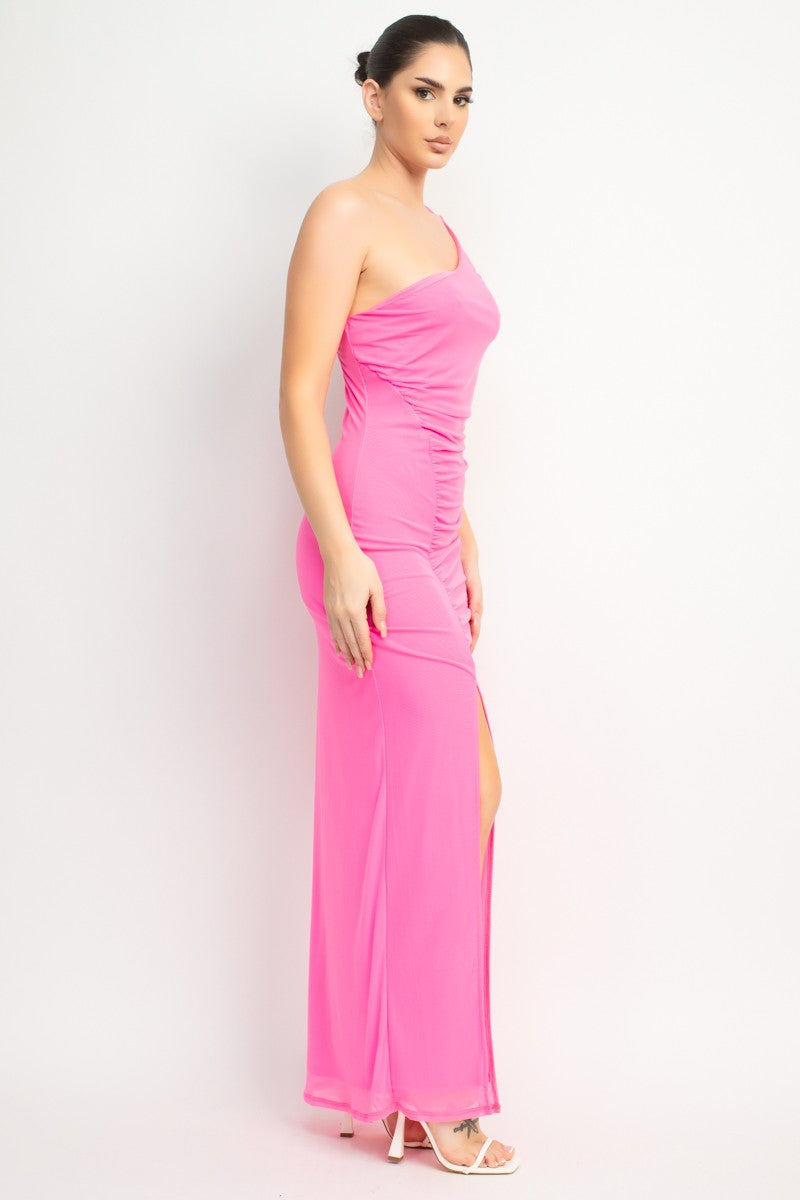 Sky One Shoulder Front Slit Mesh Maxi Dress