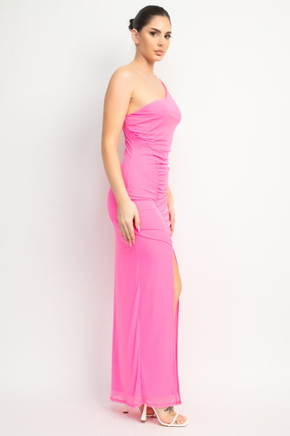 Sky One Shoulder Front Slit Mesh Maxi Dress