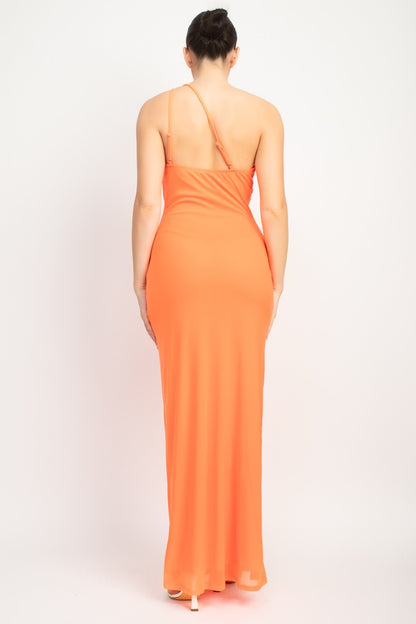 Sky One Shoulder Front Slit Mesh Maxi Dress