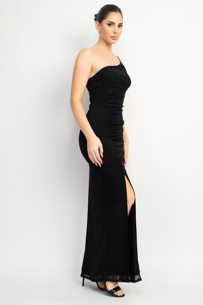 Sky One Shoulder Front Slit Mesh Maxi Dress