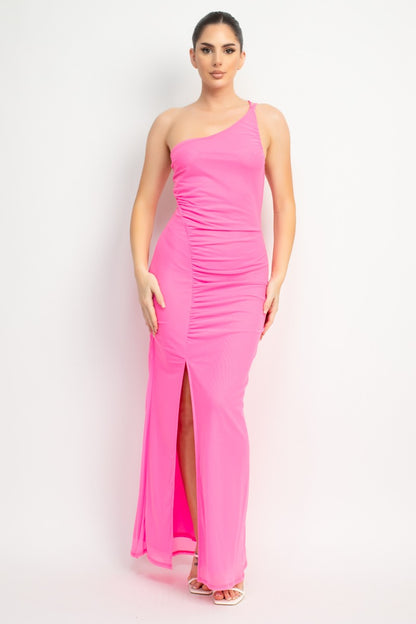 Sky One Shoulder Front Slit Mesh Maxi Dress