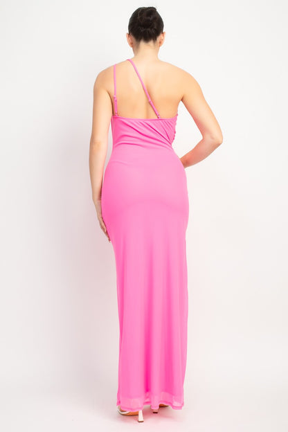 Sky One Shoulder Front Slit Mesh Maxi Dress