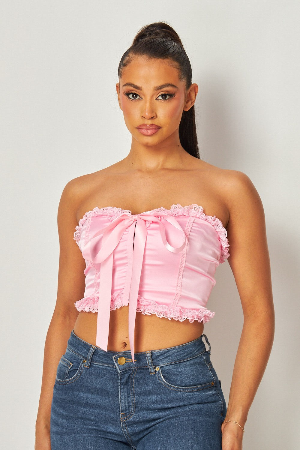 Daisy Lace Frill Trim Satin Bow Crop Tube Top
