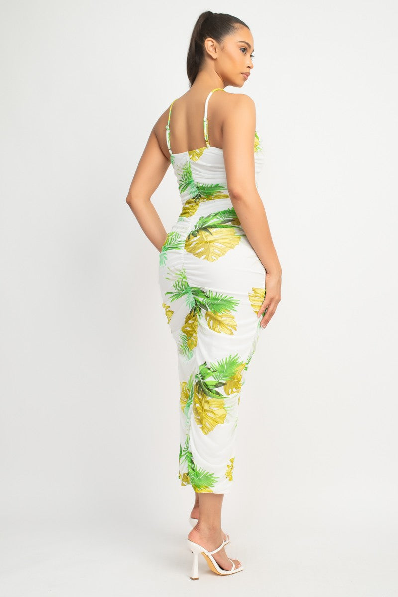 Kailani Tropical Print Ruched Mesh Midi Dress