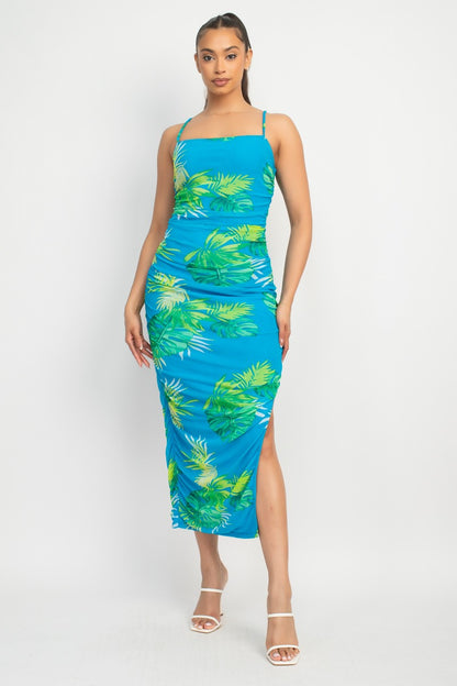 Kailani Tropical Print Ruched Mesh Midi Dress