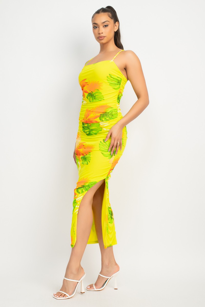 Kailani Tropical Print Ruched Mesh Midi Dress