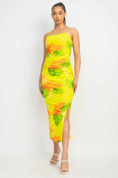 Kailani Tropical Print Ruched Mesh Midi Dress